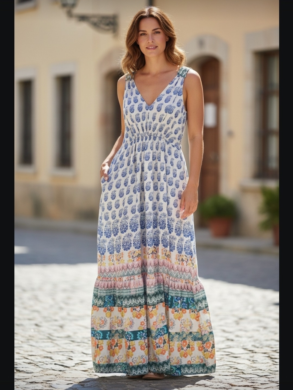 Anthropologie White Maxi Dress with Blue Floral and Multicolor Border